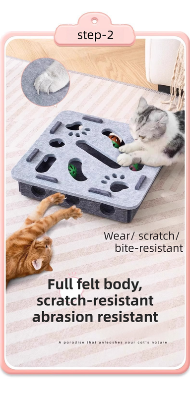 Green-Brown Felt Puzzle Square Shape Box Cat Toy with 2 Metal Bell Balls - Scratch-Resistant & Interactive Hide-and-Seek Toy, Brain Stimulating Fun