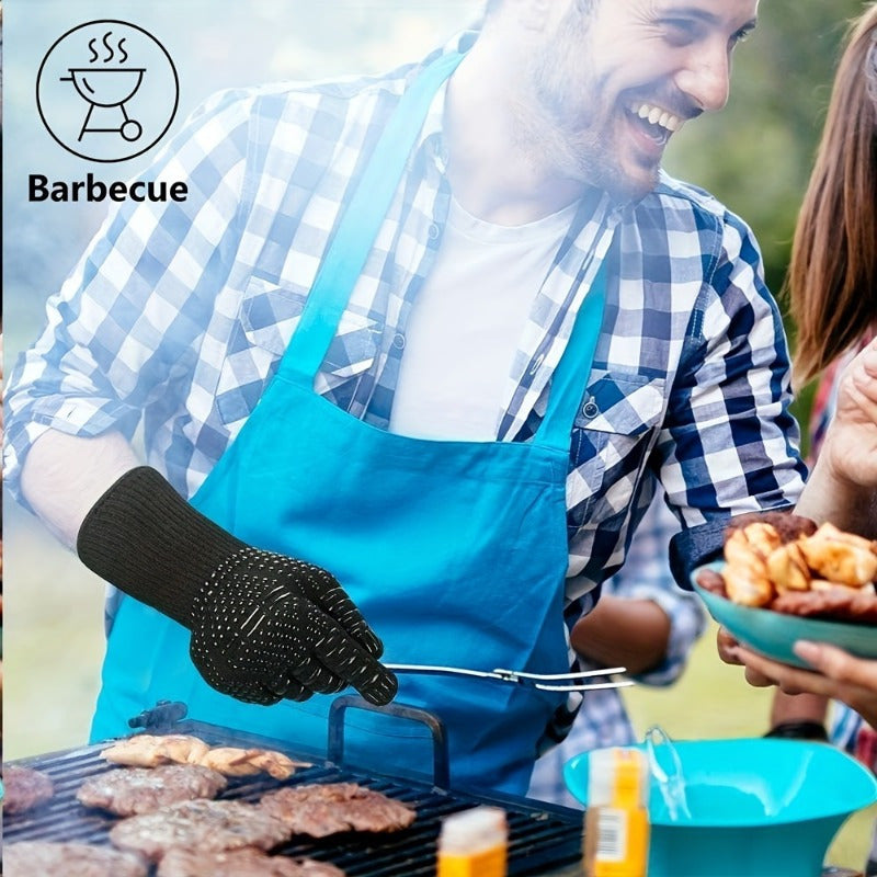 One Pair Blue Extreme Heat Resistant BBQ Gloves (800°C/1472°F) - Non-Slip Silicone Coated Fireproof Mitts for Smoker, Oven & Industrial Use