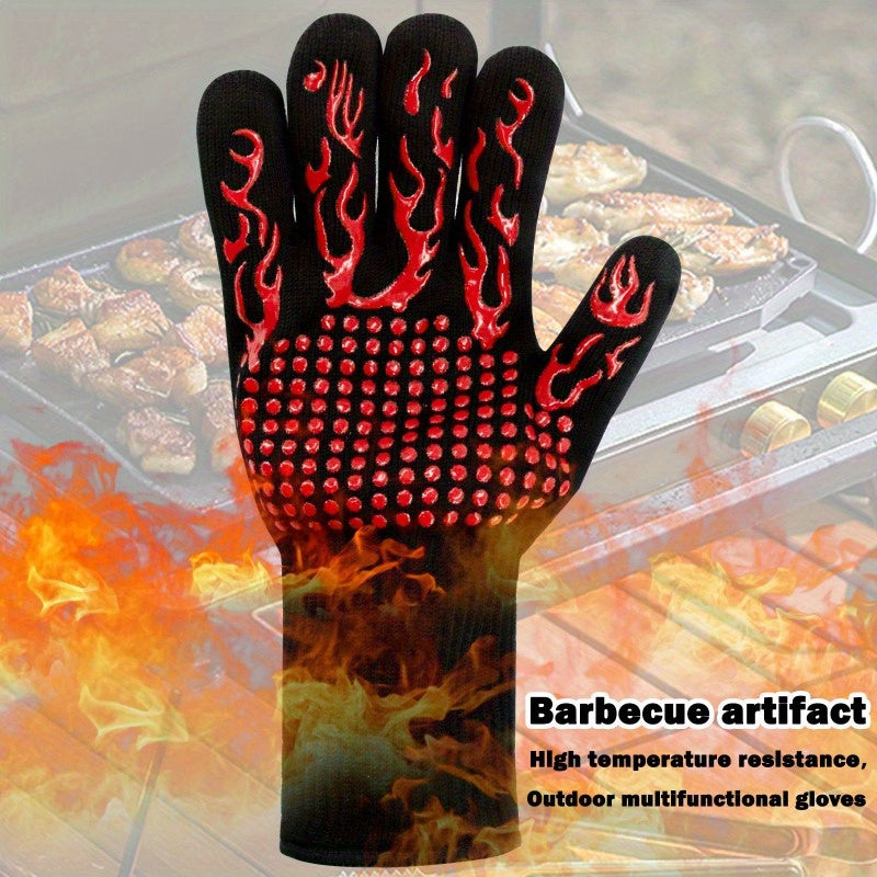 One Pair Black Extreme Heat Resistant BBQ Gloves (800°C/1472°F) - Non-Slip Silicone Coated Fireproof Mitts for Smoker, Oven & Industrial Use