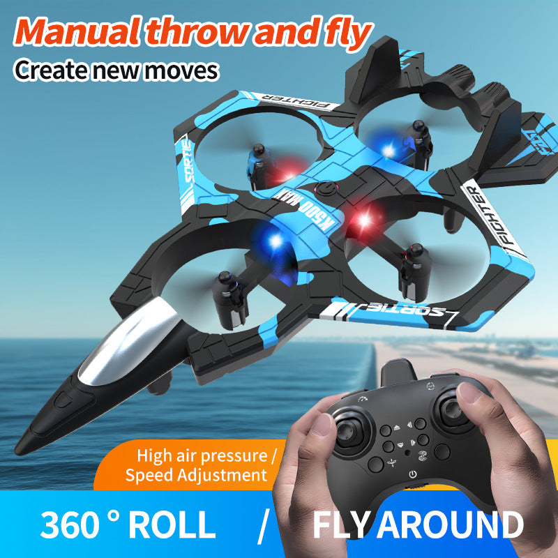 Camouflage Blue 2.4G Remote Control Stunt Fighter Drone - Manual Toss Launch, One-Key Operation for 360° Flip & Circular Flight, 3-Speed Adjustable Stable Quadcopter with Night Lights