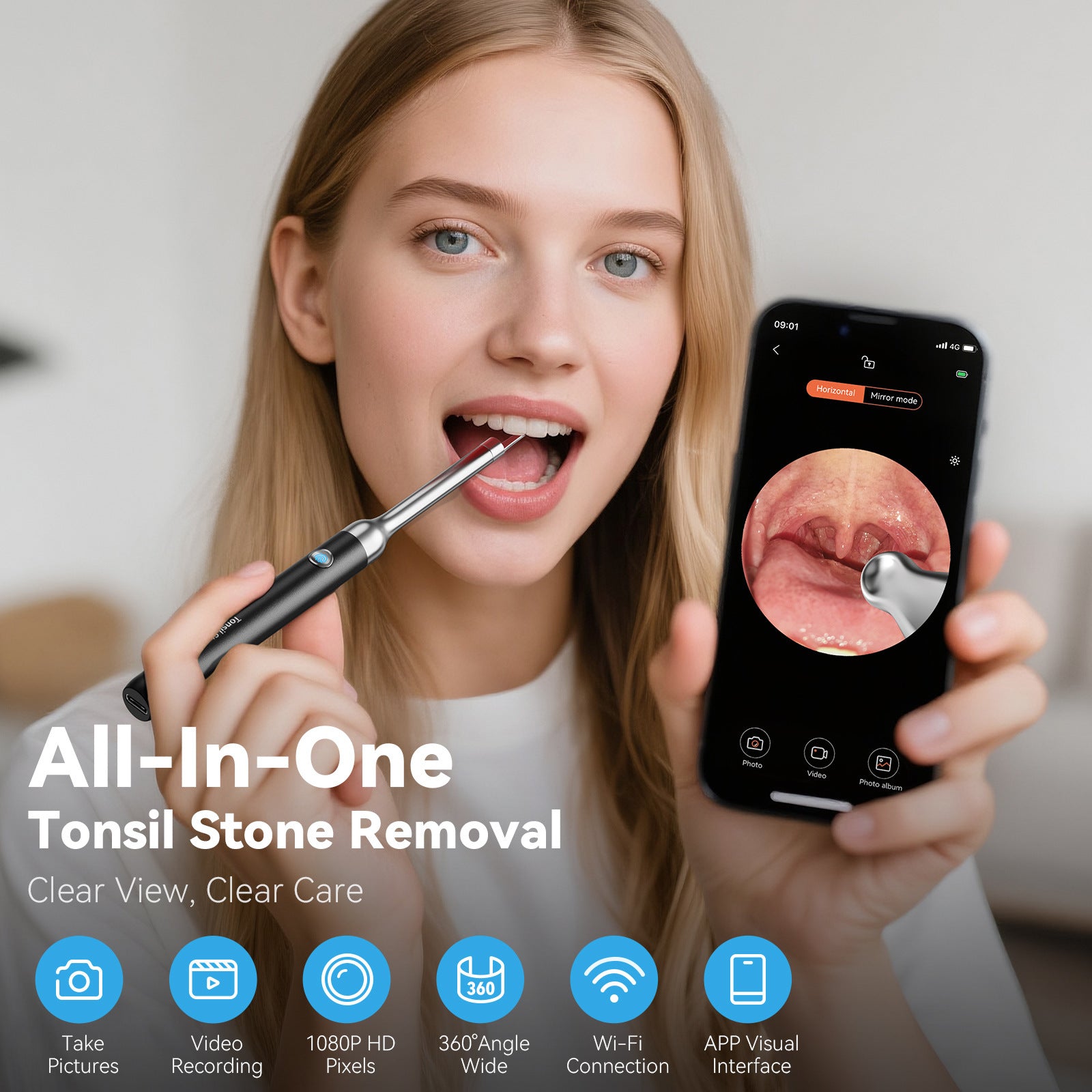 White Wireless Visual Ear Wax & Tonsil Stone Remover with HD Endoscope Camera - 2-in-1 Oral & Ear Care Cleaner for iOS & Android