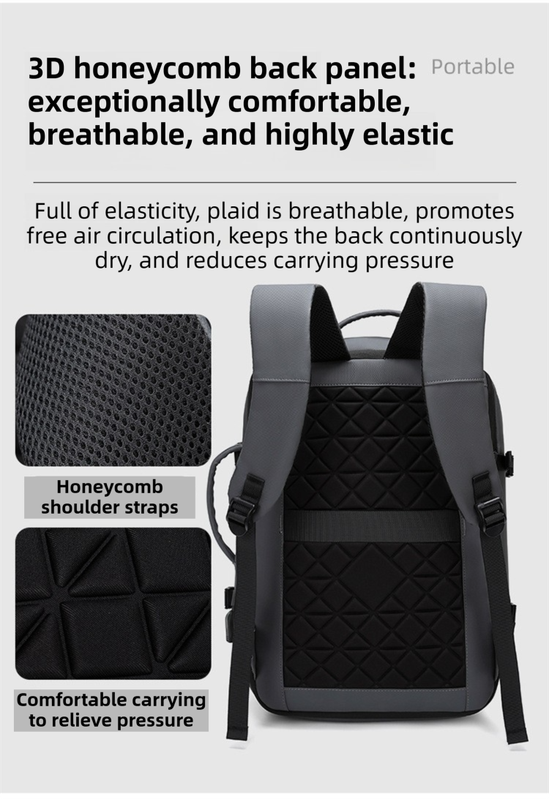 Grey Premium Business Expandable Travel Backpack with External USB Charging - 20-35L Large-Capacity & Waterproof Commuter Daypack