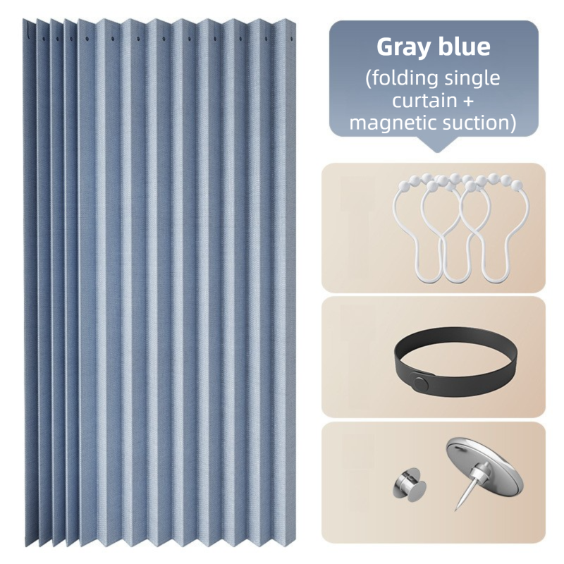 100 X 180 CM Gray Blue Linen-Look Dust Drill-Free Pull-Curtain - Folding Doorless Closet Divider with Magnetic Closure & Hanging Rings