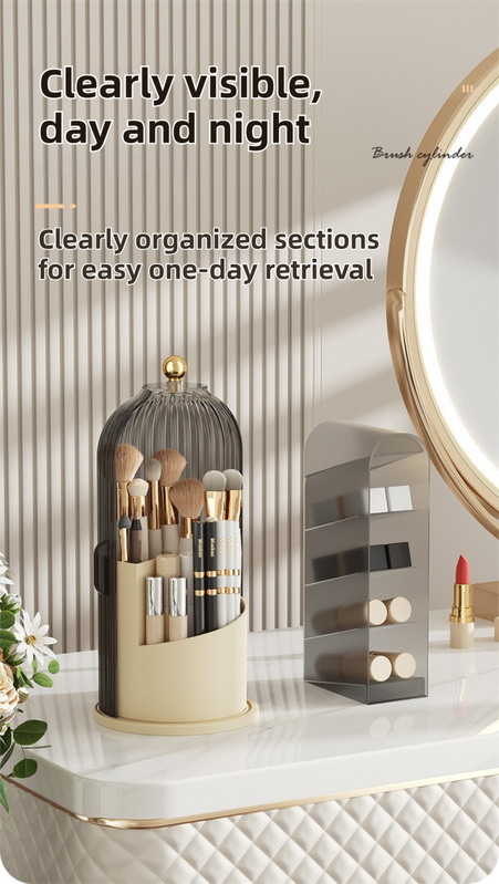 White 360° Rotating Makeup Brush Holder with Black Transparent Dust-Proof Sliding Door - Large Capacity Cosmetic Organizer, Professionaln Gradient Dual Zones