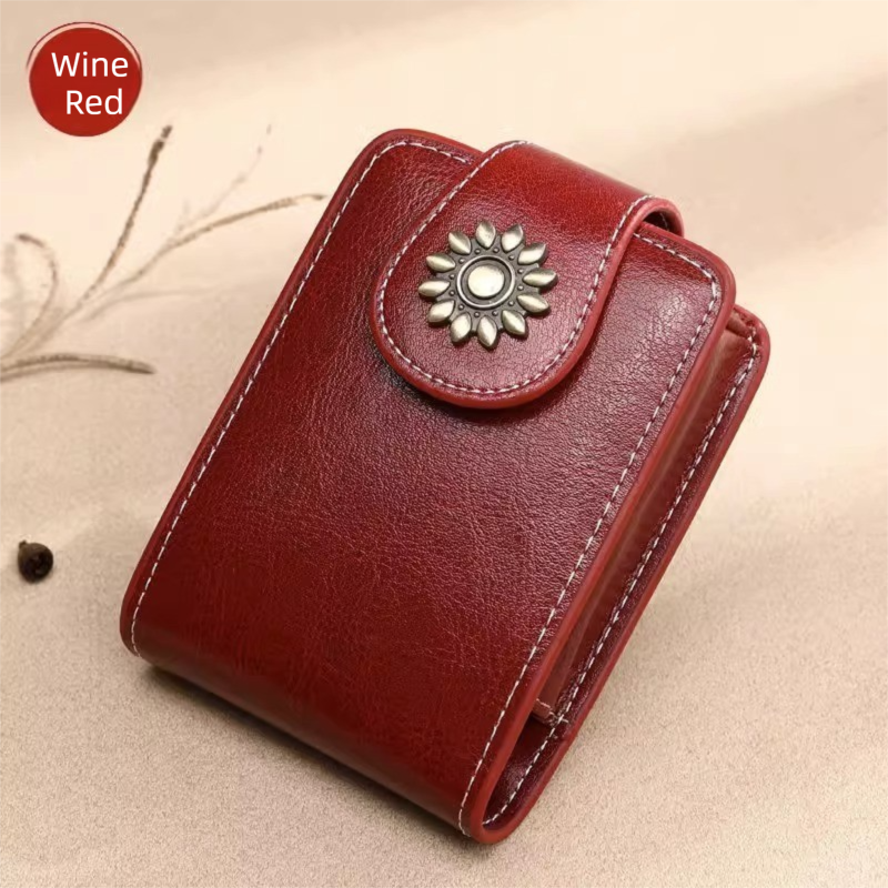 Wine-Red Sleek Compact PU Leather Flap-Top Lip Gloss Organizer with Built-in Mirror