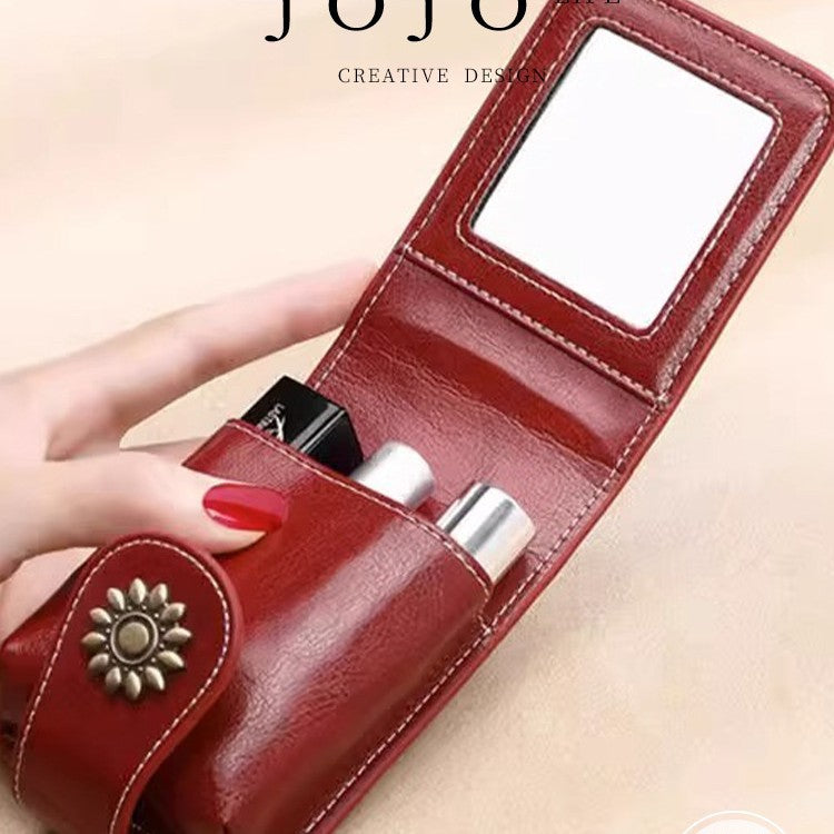 Brown Sleek Compact PU Leather Flap-Top Lip Gloss Organizer with Built-in Mirror