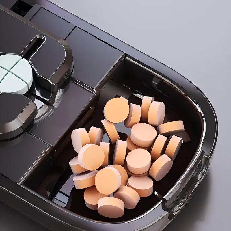 Black Portable Mini Pill Organizer with 1/2 & 1/4 Precision Cutter - 3-Compartment Daily Travel Medicine Case with Rolling Knob Lock