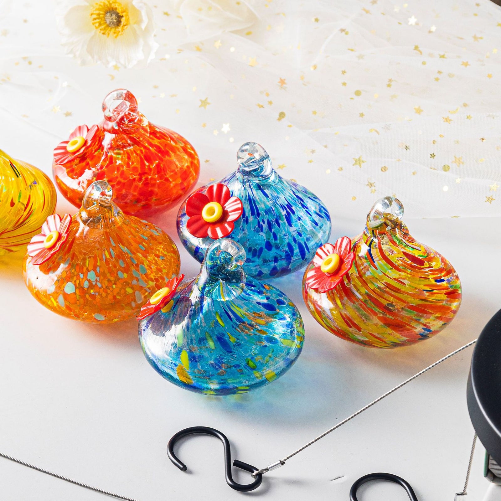 Outdoor Hand-Blown Glass Bird Feeder - Durable Weather-Proof Bird Waterer, Includes Funnel & Hanging Rope (Single - Red Silk)