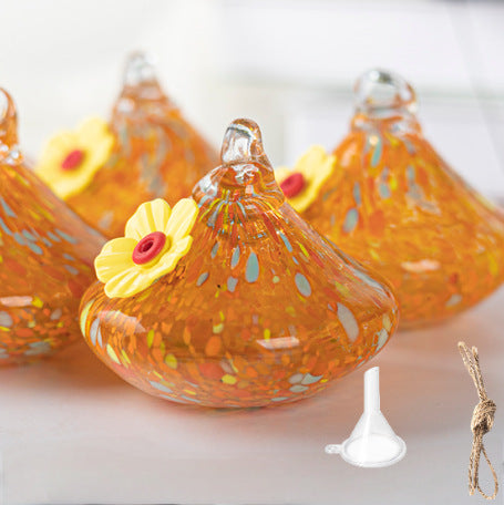 Outdoor Hand-Blown Glass Bird Feeder - Durable Weather-Proof Bird Waterer, Includes Funnel & Hanging Rope (Single - Orange Dot)