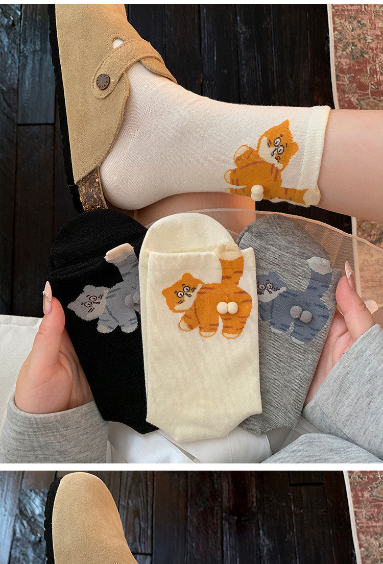 6-Pair Cute 3D Cartoon Cat Mid Socks - Breathable & Odor-Resistant Cotton Blend with Fun & Quirky Cat Pattern