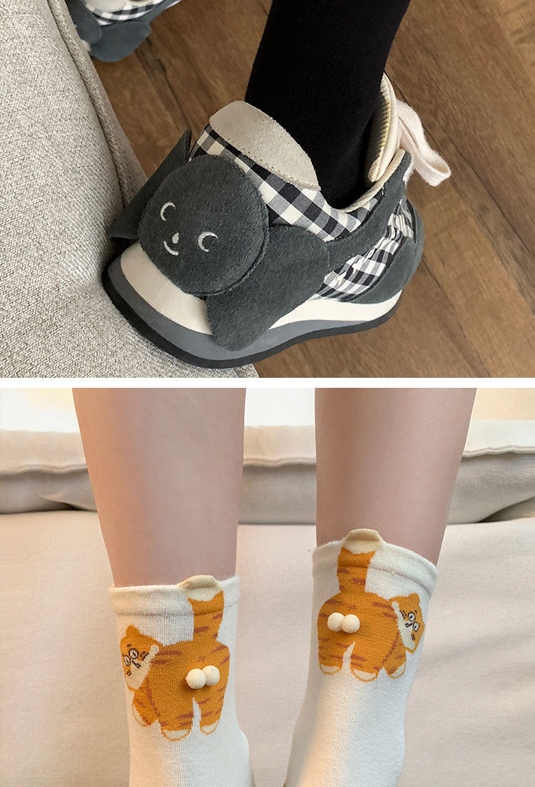 6-Pair Cute 3D Cartoon Cat Mid Socks - Breathable & Odor-Resistant Cotton Blend with Fun & Quirky Cat Pattern