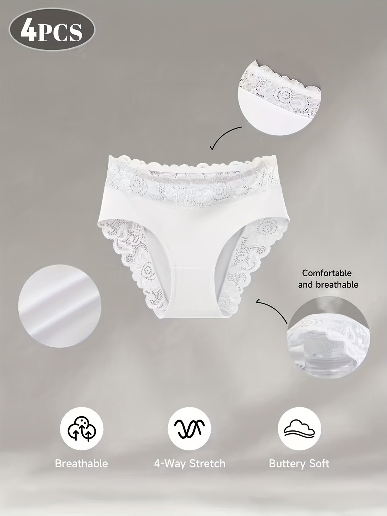 4-Pack White Elegant High-Waist Lace Panties for Women(Size 2XL) - Tummy Control & Butt Lifting Briefs, Breathable Underwear with Cotton Crotch Lining