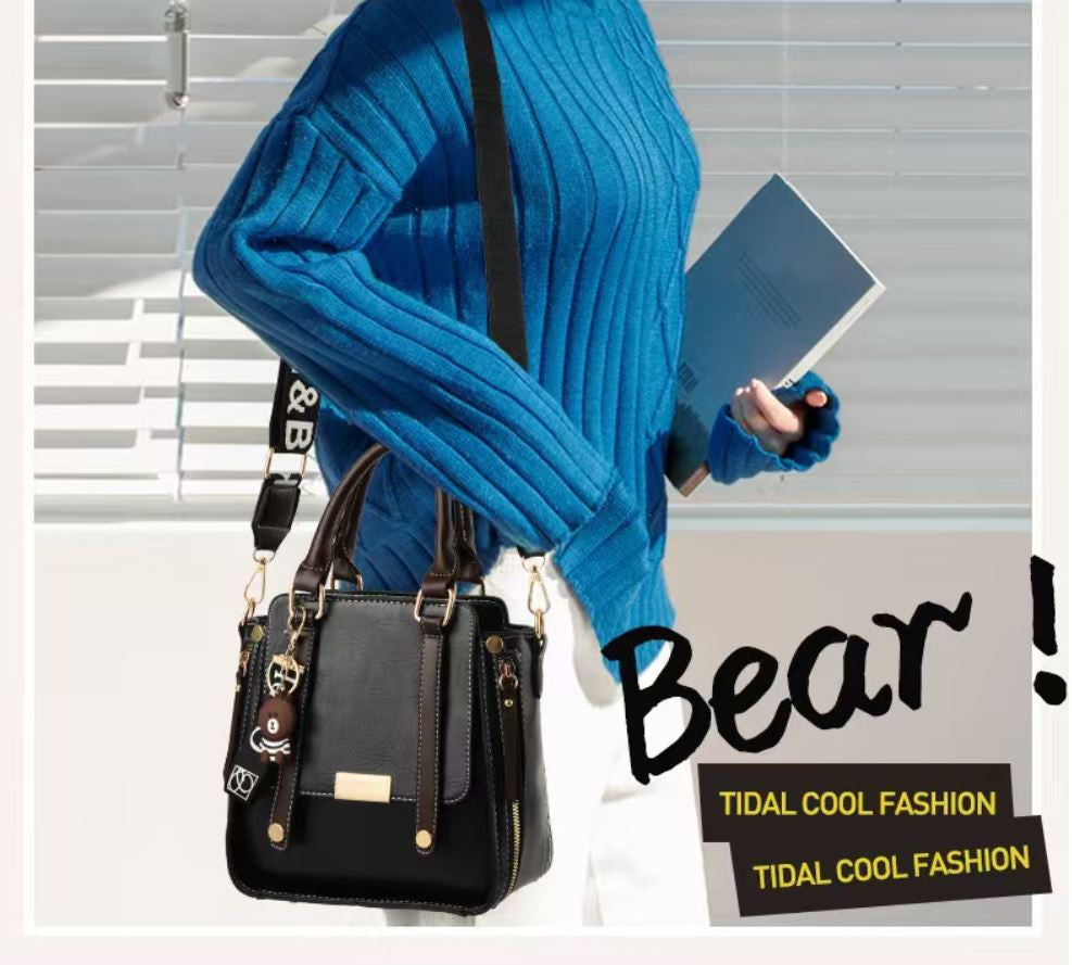 Caramel Trendy Vertical Square PU Leather Moto Crossbody Bag & Tote with 5-Pocket Organized Compartments & Adjustable Strap