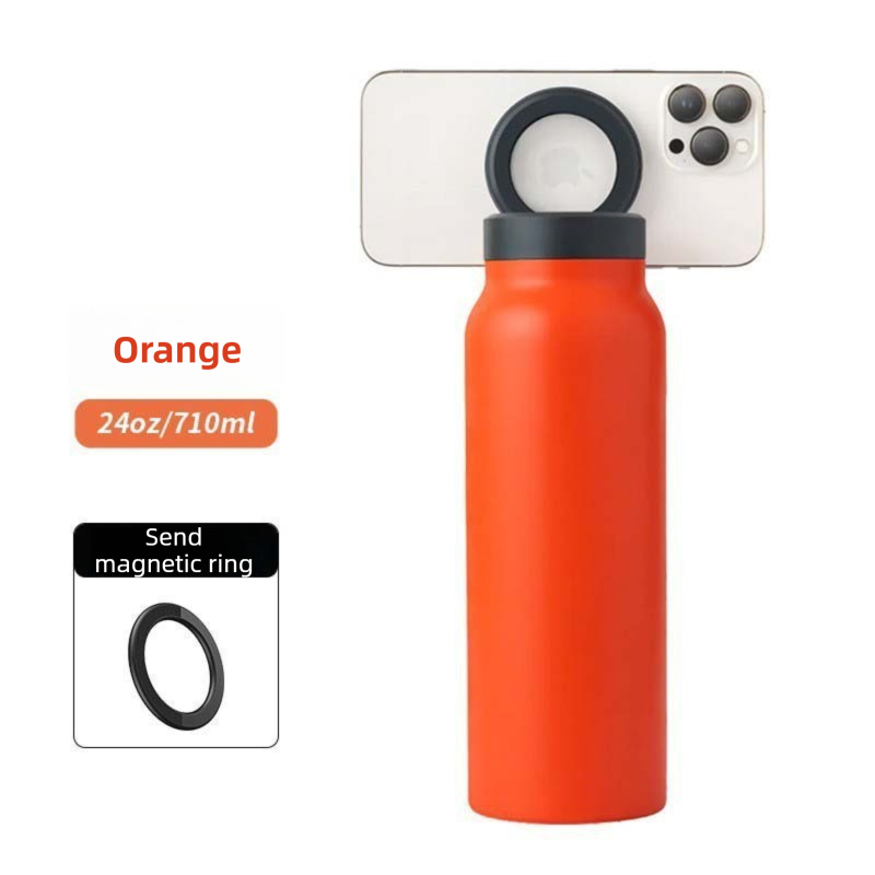 Orange 24oz Stainless Steel Insulated Water Bottle With 90° Adjustable Vertical/Horizontal Magnetic Phone Holder - Ringo Style Magnetic Lid Sport Flask