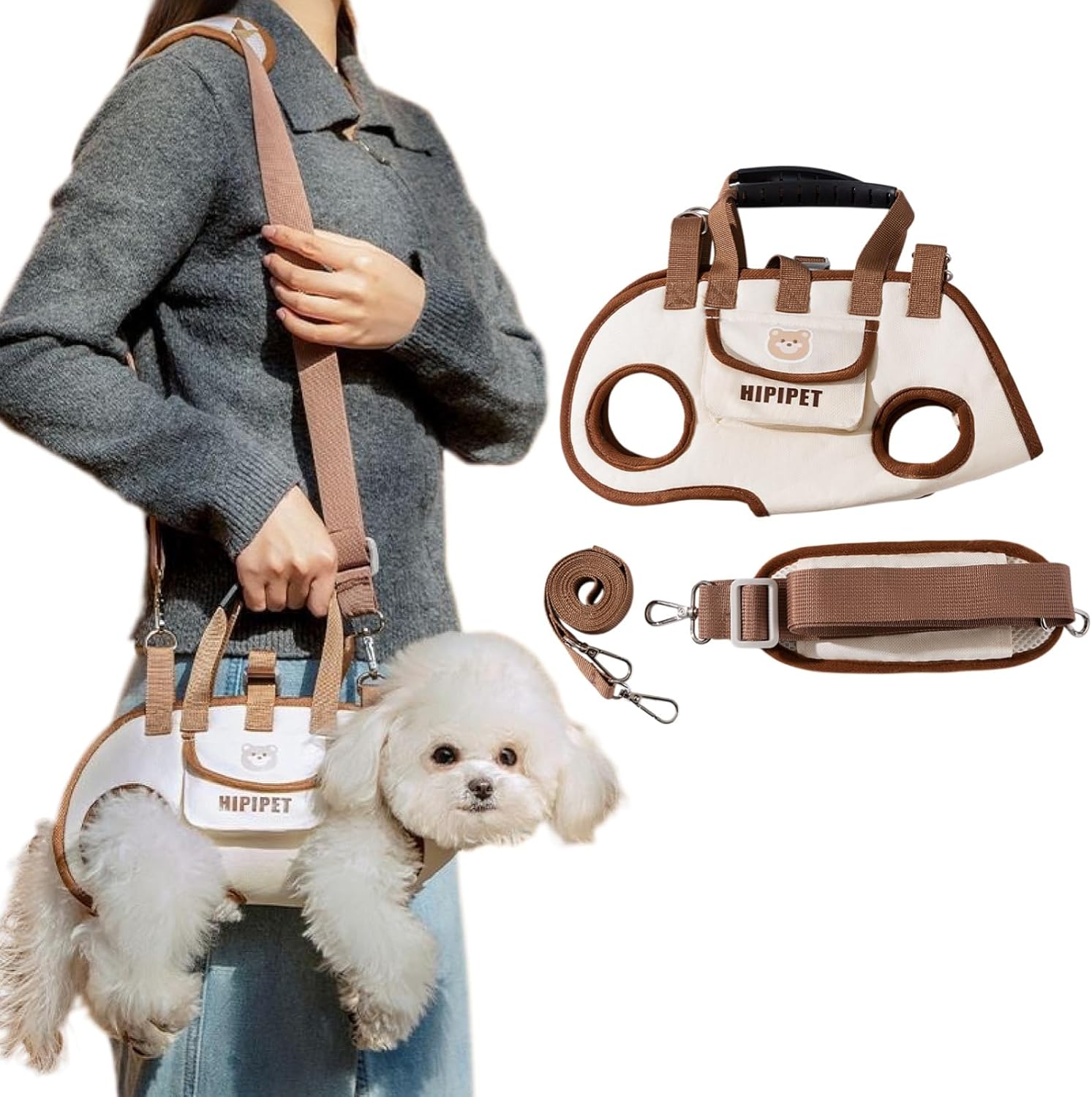 Beige 4-in-1 Multi-Functional Pet Carrier Bag with Detachable Strap & 1.5M Traction Rope - Lightweight Breathable Travel Sling for Cats & Dogs - Sizes S(Up to 4kg)