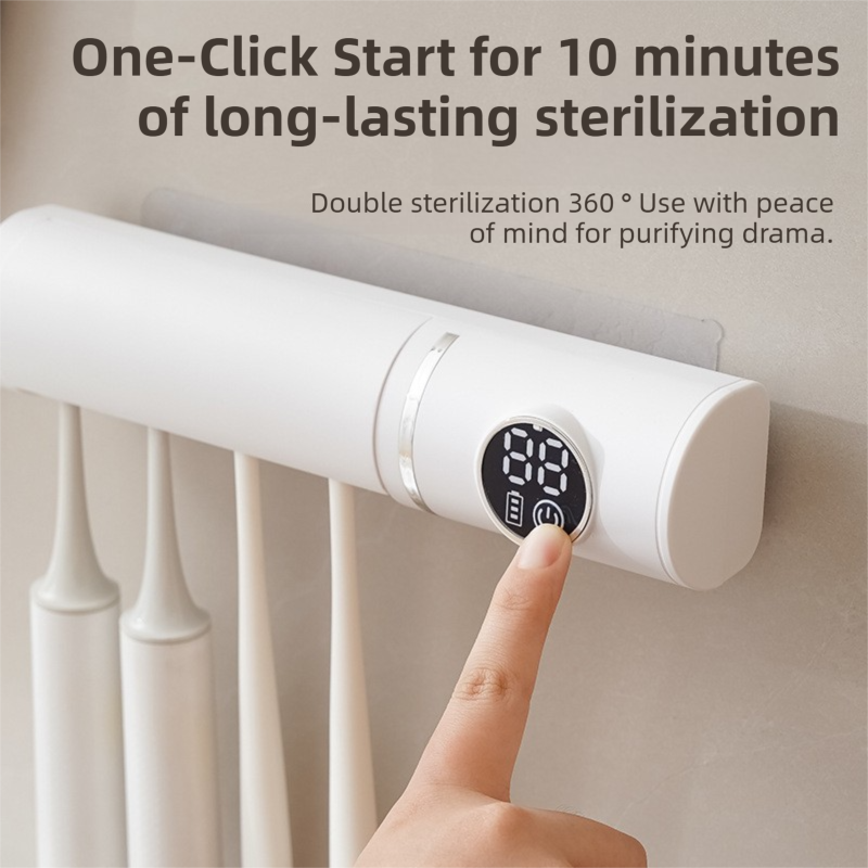 White 4-Slot Compact UV Toothbrush Sanitizer with Turbo Drying Fan & LCD Display - Anti-Dust Toothbrush Holder, 10-Minute One-Touch Deep Clean