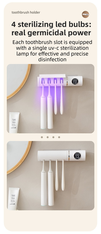 White 4-Slot Compact UV Toothbrush Sanitizer with Turbo Drying Fan & LCD Display - Anti-Dust Toothbrush Holder, 10-Minute One-Touch Deep Clean