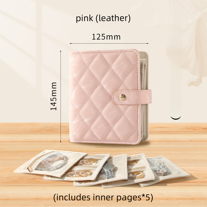 Pink Nappa Leather Anti-Oxidation Jewelry Storage Book with 5 Velvet Pouches - Compact Organizer for Watches, Earrings, Rings & Gold Ornaments