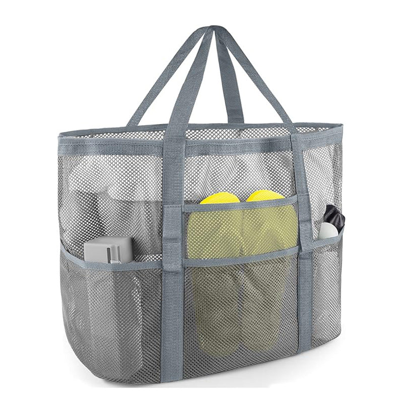 2-PCS Grey Mesh Beach Tote Bag – Large Capacity Swim Gear Organizer with Multiple Pockets for Shoes, Swimsuits, and Essentials