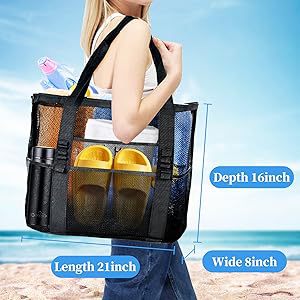 2-PCS Rose red Mesh Beach Tote Bag – Large Capacity Swim Gear Organizer with Multiple Pockets for Shoes, Swimsuits, and Essentials