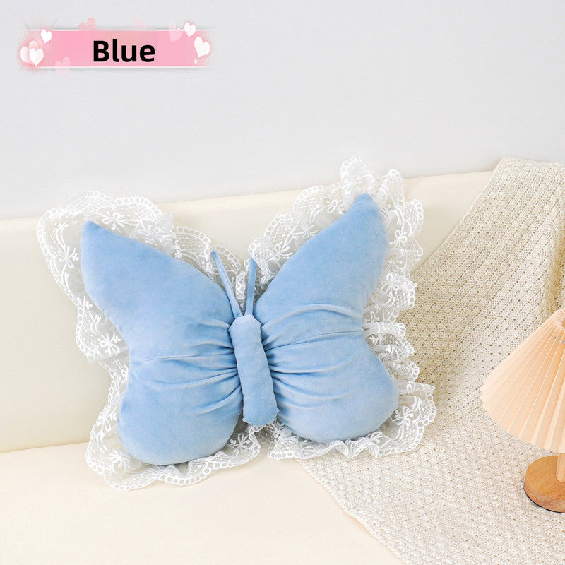 Blue Elegant Butterfly Lace Throw Pillow 60x45cm Soft Decorative Cushion for Sofa Bedroom Office and Car Comfort Backrest Accessory