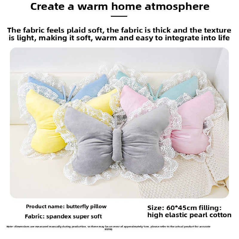 Yellow Elegant Butterfly Lace Throw Pillow 60x45cm Soft Decorative Cushion for Sofa Bedroom Office and Car Comfort Backrest Accessory