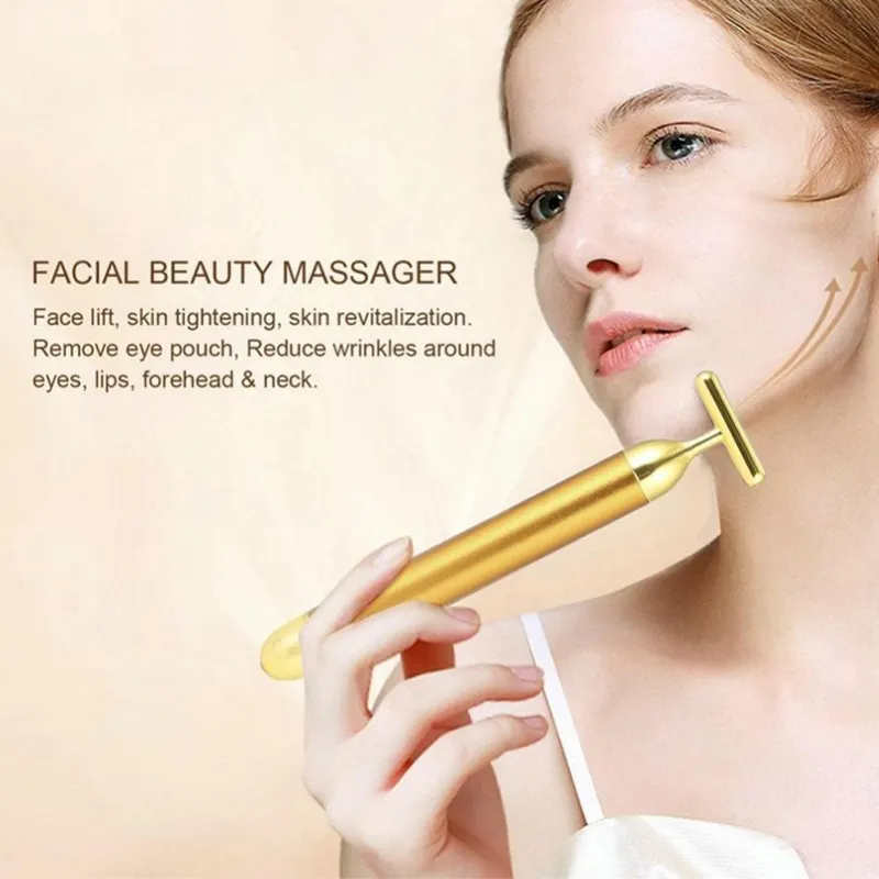 Gold Electric T-Shape Facial Massage Bar Waterproof Gold Tone Beauty Roller for Daily Skincare and High Frequency Vibration