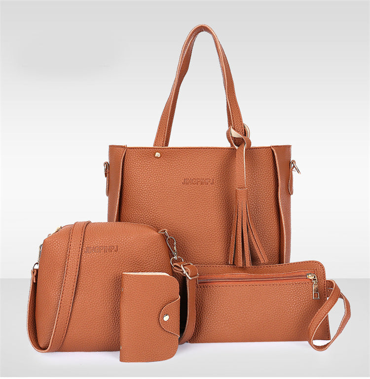 Brown 4-Piece Women Bag Set Lychee Grain PU Leather Large Capacity Tote Shoulder Bag Crossbody Clutch and Card Holder for Daily Travel and Work Use