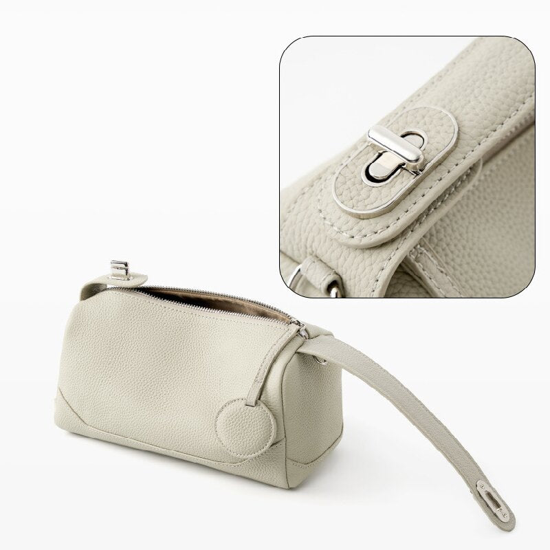 Grey Women Genuine First Layer Cowhide Boston Bag Fashionable Handheld Crossbody Shoulder Bag with 115cm Adjustable Strap