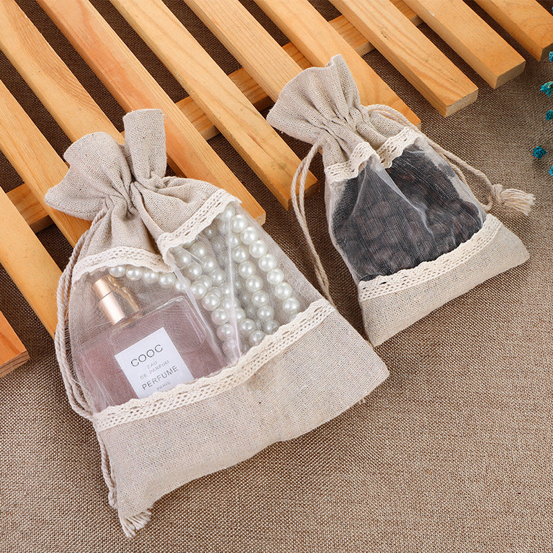 Brownish-gray 10 Pack Linen Canvas Drawstring Gift Bags with Lace Trim and Mesh Window 10x14cm Elegant Pouches for Jewelry Wedding Favours and Sachets