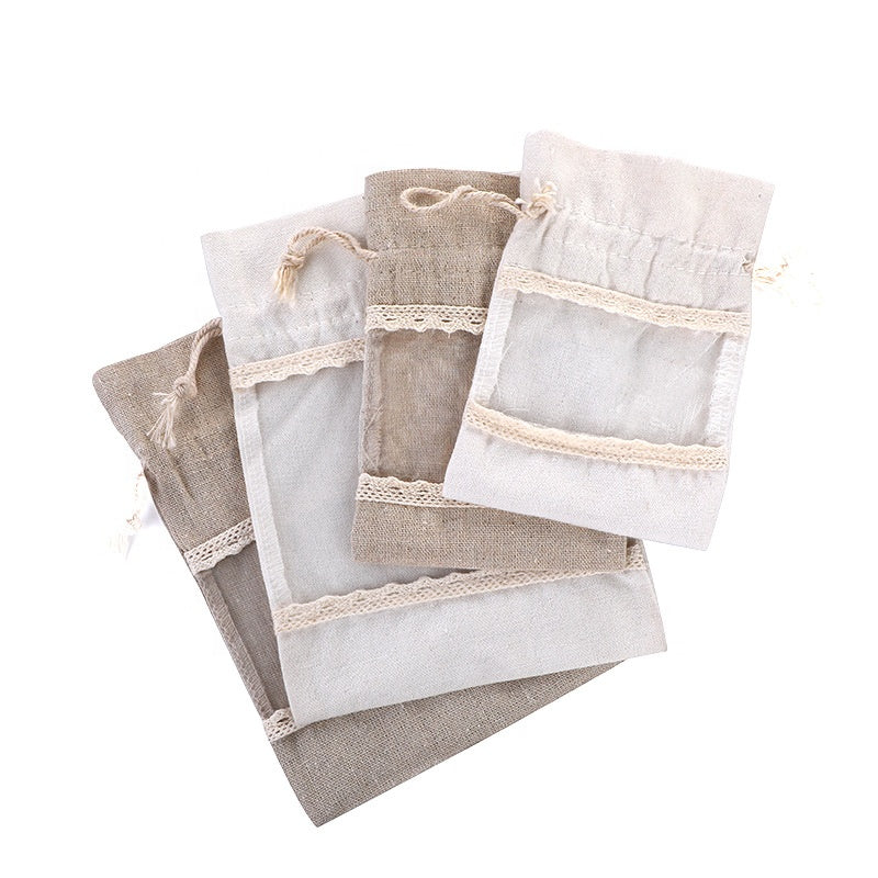 Brownish-gray 10 Pack Linen Canvas Drawstring Gift Bags with Lace Trim and Mesh Window 10x14cm Elegant Pouches for Jewelry Wedding Favours and Sachets