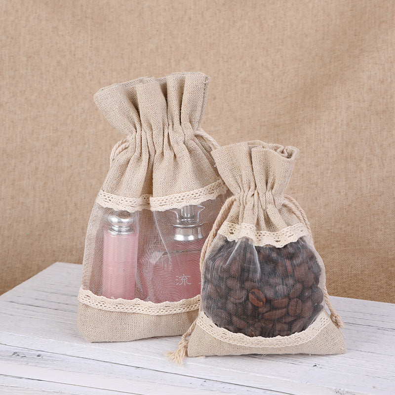 White 10 Pack Linen Canvas Drawstring Gift Bags with Lace Trim and Mesh Window 13x18cm Versatile Pouches for Wedding Favours and Home Storage in Australia