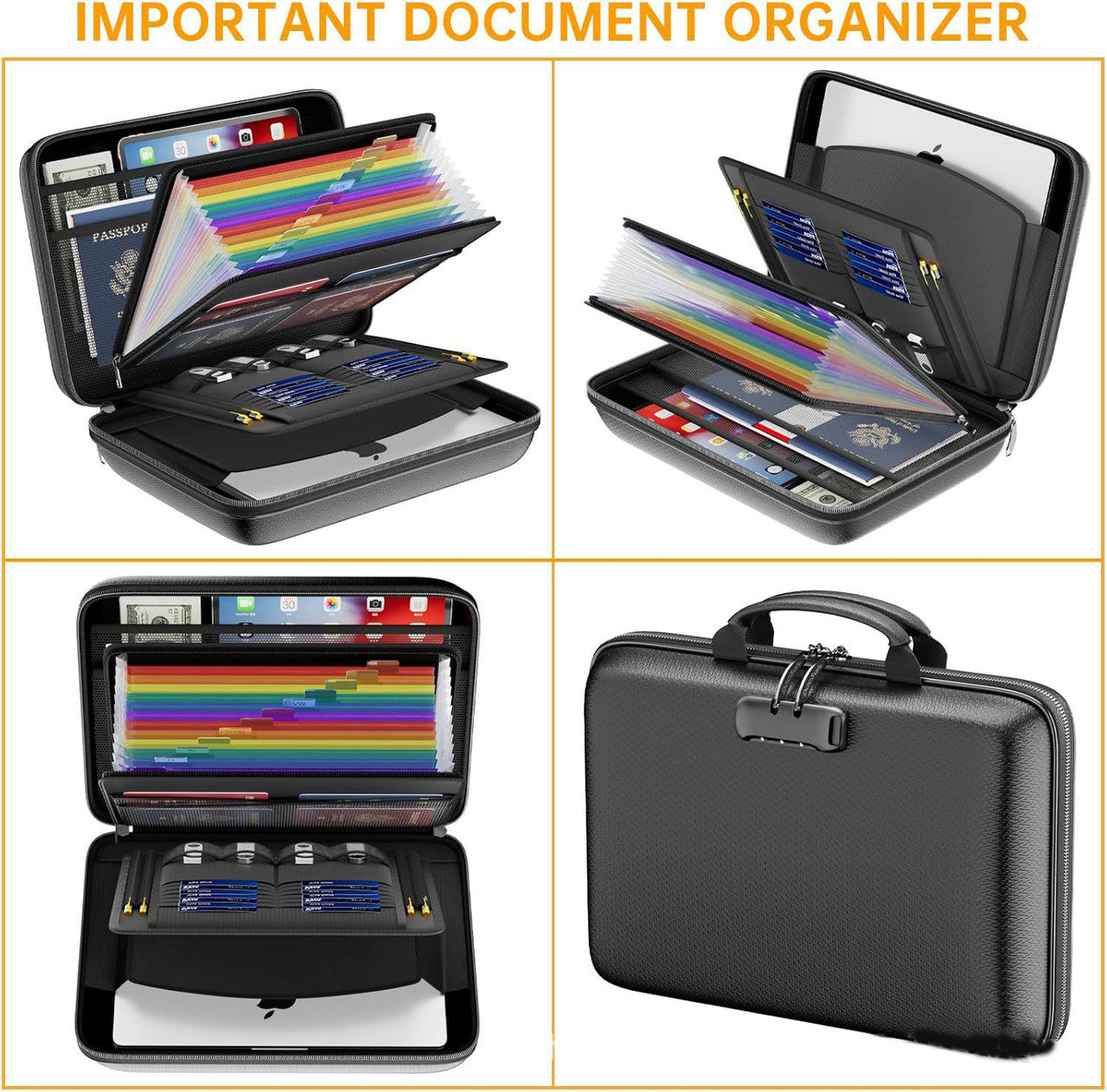 Black Fireproof EVA Hard-Shell File Organizer Briefcase with Combination Lock Waterproof Accordion Document Storage Bag for Australian Home Office and Business