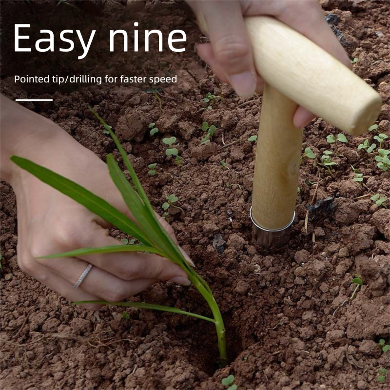 2 Pack Gardening Dibber with T-Shaped Wooden Handle Chrome Tip Seed Sower and Transplanting Tool with Measurement Scale for Local Garden Maintenance