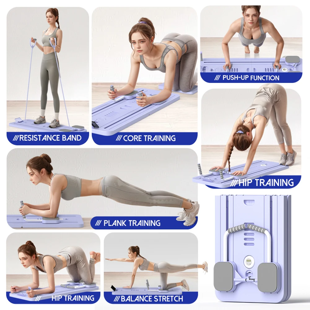 Grey Multi-functional Core Training Board with Digital Timer and Resistance Bands Foldable Fitness Panel for Home Abdominal and Pilates Workouts Solution