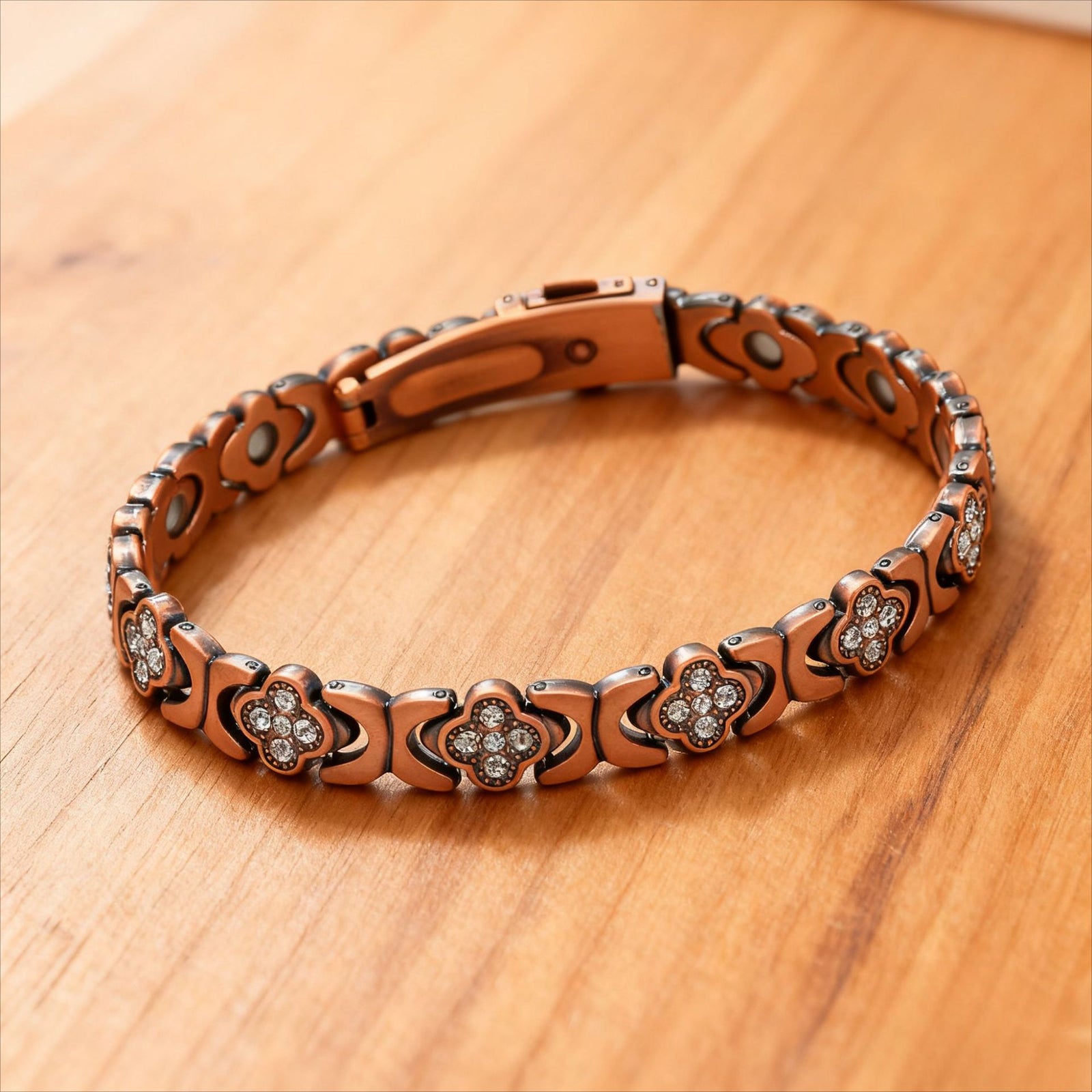 Antique bronze brushed finish New Fashion Lightweight Luxury Four-Leaf Clover Diamond Inlaid Bracelet - Alloy Magnetic Watch Band Style Bracelet for Women + Free Disassembly Tool