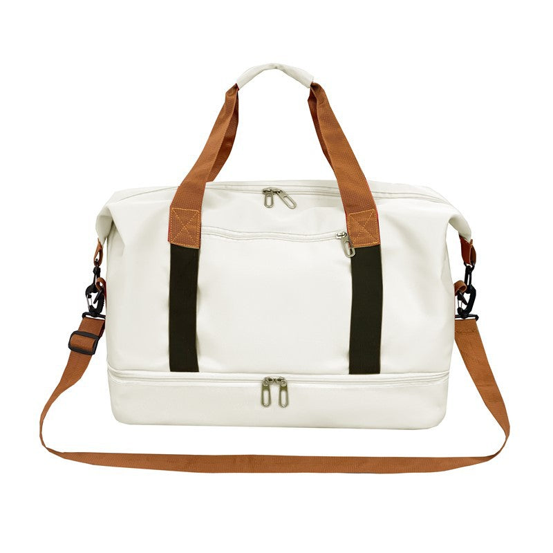 Beige Large Capacity Travel Duffel Bag for Women with Yoga Mat Holder and Shoe Compartment Water Resistant Weekend Bag Ideal for Local Gym and Travel Use