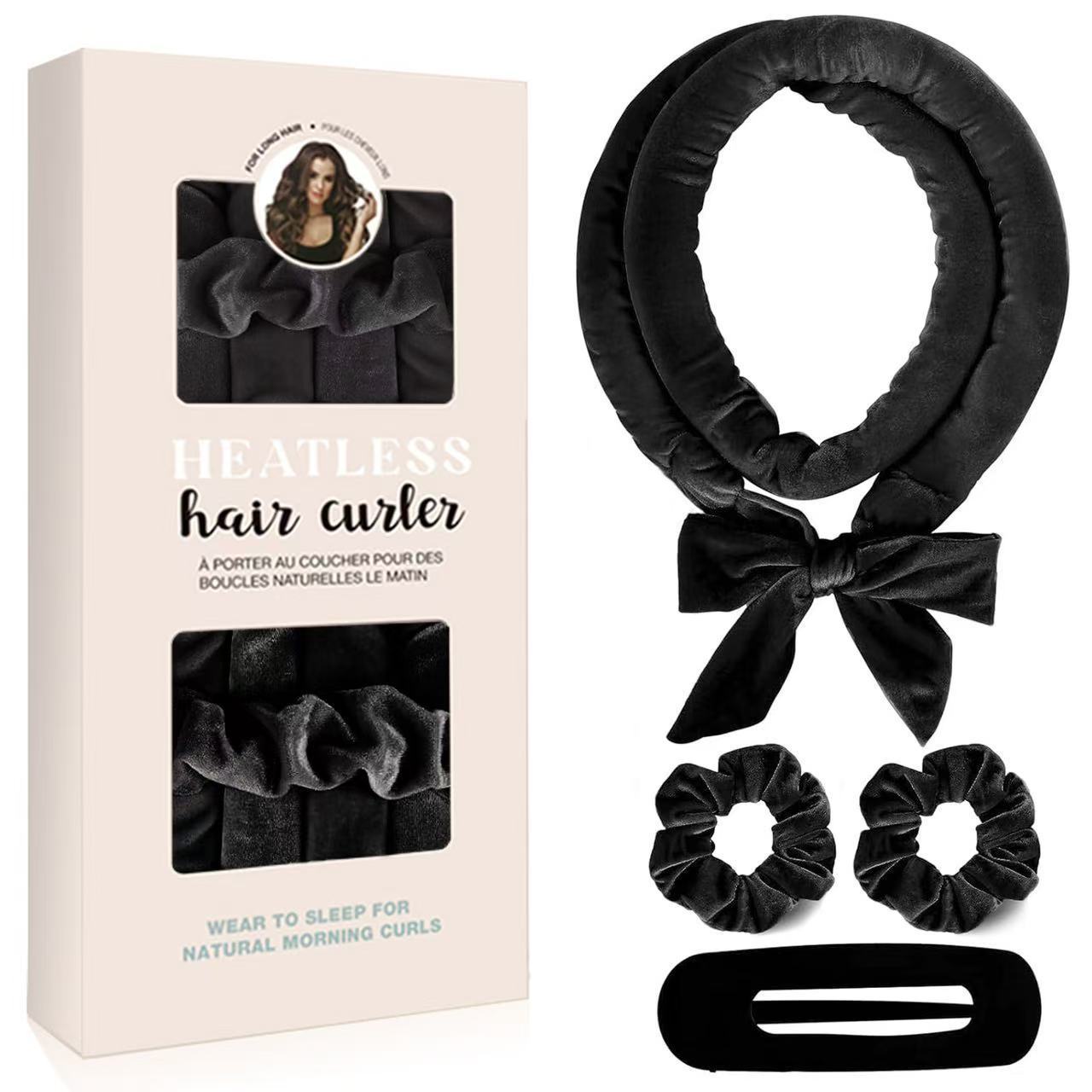 Black Heatless Hair Curler Set with Bowtie Ribbon for Natural Big Waves Damage-Free Overnight Hair Styling Essential for Your Local Modern Lifestyle