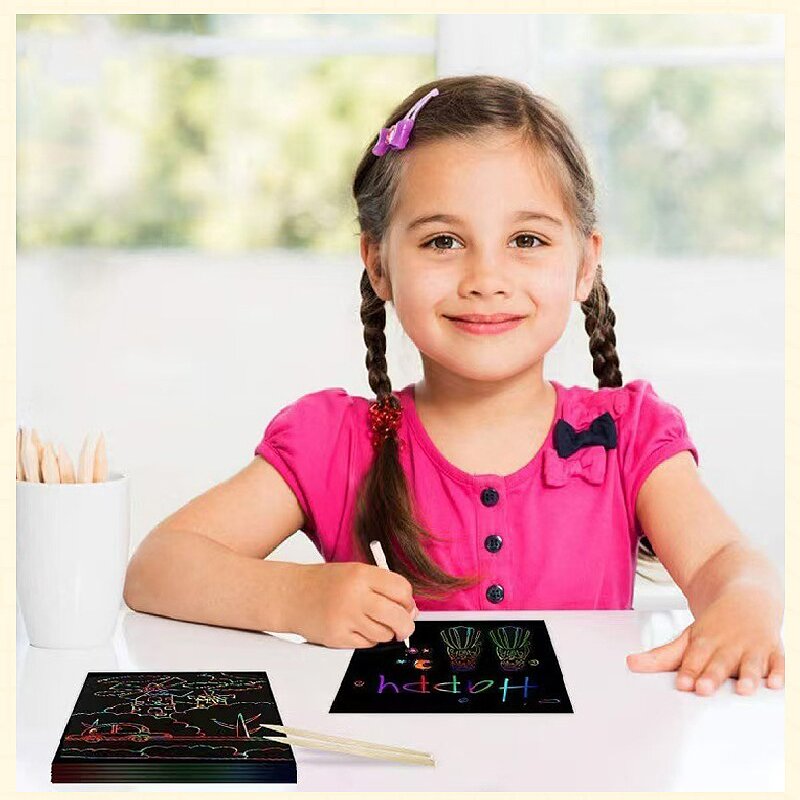 Red Rainbow Scratch Art Paper Notes 200 Sheets 2 Pack with Wooden Styluses for Kids DIY Drawing Mess-Free Creative Toy for Local Home and School Activities