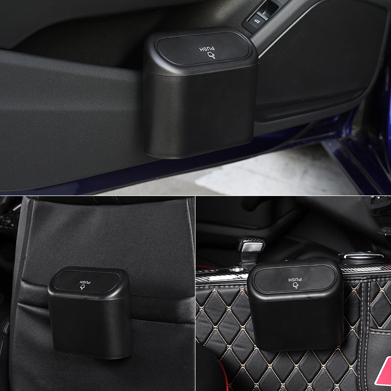 Black Compact Car Trash Can 2 Pack Hanging Storage Bin with Push Lid for Vehicle Door and Seat Back Universal Fit Waste Management Solution for Local Drivers