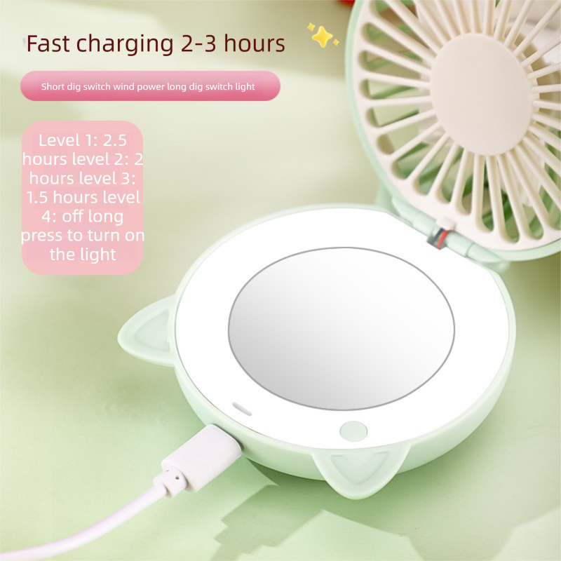 Green 3-in-1 Mini Portable Fan with Makeup Mirror and LED Fill Light USB Rechargeable Pocket Sized Cooling Solution for Students and Local Professionals