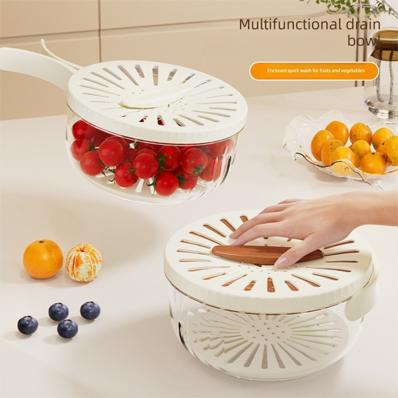 White large Multi-functional Fruit and Vegetable Washing Bowl with Lid and Hidden Handle Double-Layer Drainage Container for Refrigerator Storage and Outdoor Picnic Efficient Food Preservation for Local Standard Kitchens