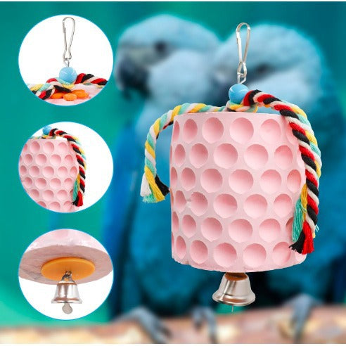 2-Pack Pink Hanging Bird Chew Toy with Bell and Rope, Ideal for Parrots, Squirrels, and Rodents – Durable Wood-Based Grinding Stone for Beak Exercise and Enrichment