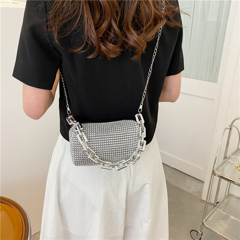 Silver Mini Shoulder Bag for Women – Rhinestone-Embellished Pillow-Shaped Chain Bag with Fashionable Metal Hardware and Compact Design
