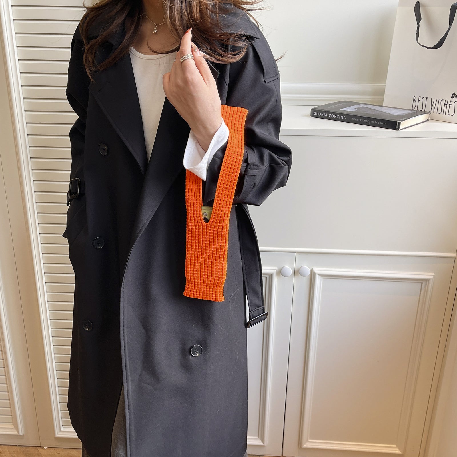 Orange High-Elastic Knit Short Phone Sling Bag – Compact Streetwear Accessory for iPhone, Minimalist Single Shoulder Carry with Stretchy Ribbed Design