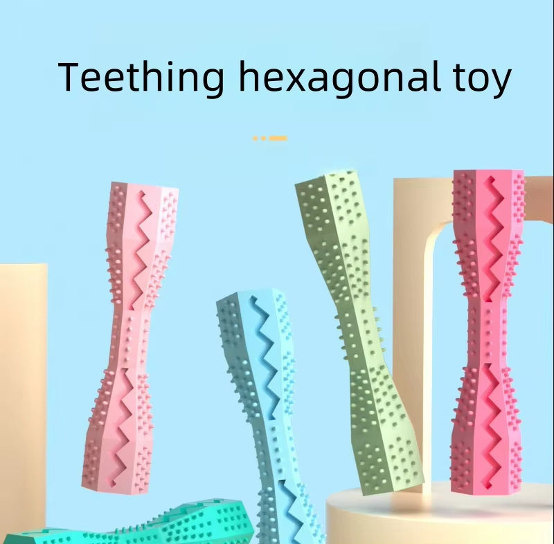 2-Pack Pink Hexagonal Pet Chew Toy – Durable Rubber Dog & Cat Teething Stick for Dental Care, Biting Relief and Mental Stimulation
