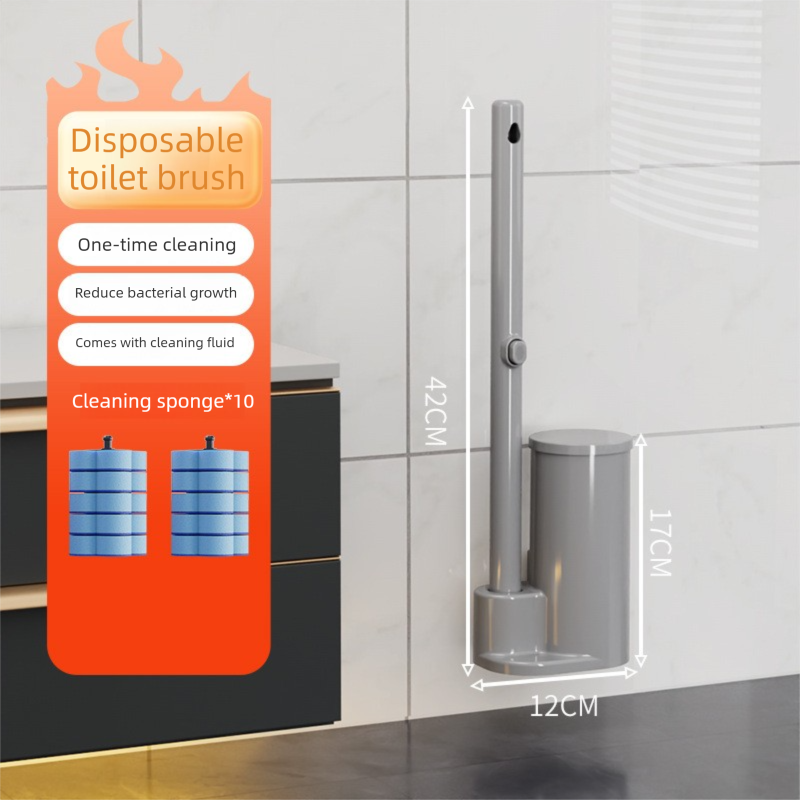 Grey Disposable Toilet Brush Set with Built-in Cleaner – Wall-Mountable, No-Drill Bathroom Cleaning Kit with Replaceable Heads(10 ocean-cleaning cotton pads)