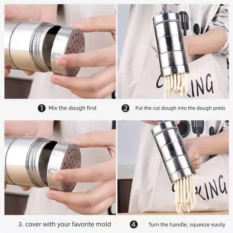 Manual Stainless Steel Noodle Maker with Interchangeable Dies for Homemade Egg Noodles Flatbread and Dumpling Wrappers – Compact Kitchen Tool(Five molds)