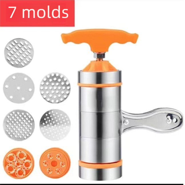 Orange Manual Stainless Steel Noodle Maker with Interchangeable Dies for Homemade Egg Noodles Flatbread and Dumpling Wrappers – Compact Kitchen Tool(Seven molds)