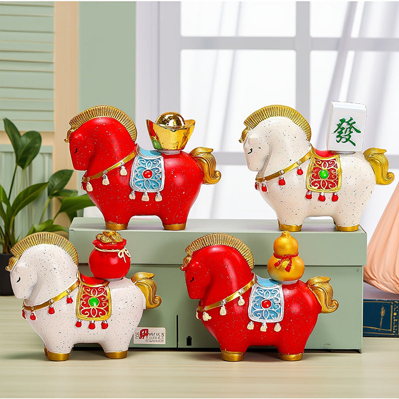 Red New Chinese Style Resin Horse Figurine with Rotating Lucky Bag – Elegant Home or Office Decor for Modern Living Spaces(Blessed immediately)